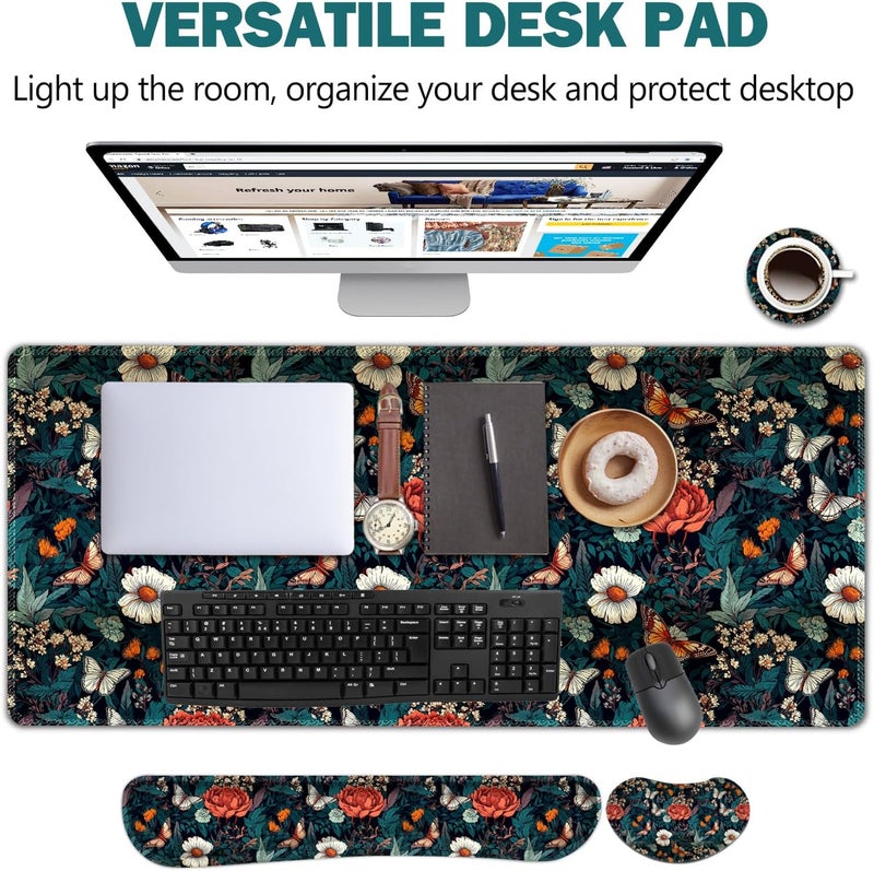 AIMSA XXL Large Gaming Mouse Pad Set with Wrist Rest, Retro Floral Butterfly Pattern, Multicolor, Fabric, Memory Foam, 4 in 1 Combo, Ultra-smooth, Non-slip, Stitched Edges - Image 5